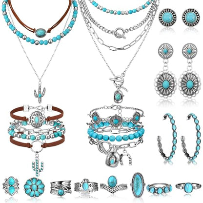 Inbagi Maitys 15 Pcs Halloween Jewelry Women Chain Necklace Bracelet Stud Earrings Hoops Bracelet Big Circle Earring Rings Set - style: Turquoise