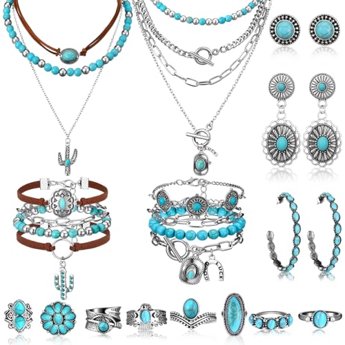 Inbagi Maitys 15 Pcs Halloween Jewelry Women Chain Necklace Bracelet Stud Earrings Hoops Bracelet Big Circle Earring Rings Set - style: Turquoise