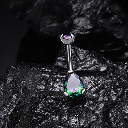 VOJO G23 Titanium Belly Button Rings Cubic Zircon Opal Hypoallergenic Threaded 14G Diamond Navel Body Piercing Jewelry Birthstone for Women - color: Teardrop Rainbow CZ