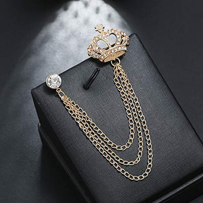 Rhinestone Crown Long Chain Brooch.Gold Silver Tassel Brooch Pin,Retro Crystal Suit Pins Collar Coat Pin for Men's Accessories Pin Husband Gifts - color: Gold