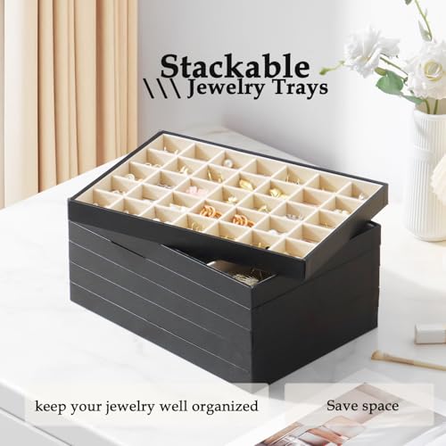 Large Jewelry Organizer Tray, Stackable Jewelry Storage Holder PU Leather Velvet Jewellery Display Case for Stud Earring Bracelet Necklace Ring (Black Beige, 24 Grids) - color: Black Beige