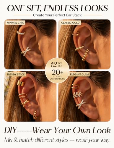 Ear Cuffs Non Piercing 14K Gold Plated Clip on Cartilage Earring for Women - Adjustable Lightweight Fake Piercings Ear Cuff Earrings Hypoallergenic Non Tarnish Earrings Jewelry