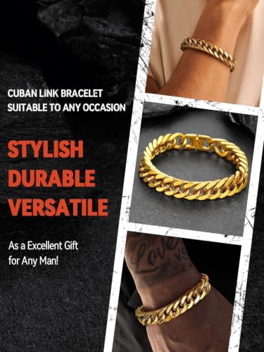 FaithHeart Mens Stainless Steel Cuban Link Bracelet, Tarnish Resistant | 6/8/12/17mm Silver/Black/Gold Sturdy Hip Hop Wrist Chain Bracelets Daily Wear with Gift Box, 7.5"/8.3"/9.1" Length - color: Gold-12mm Width, size: Length 8.3 Inches