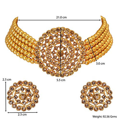 Aheli Pearl Diamond Choker Necklace & Round Earrings Gift for Women Indian Traditional Bollywood Fashion Bharatanatyam jewellery set - color: Champagne