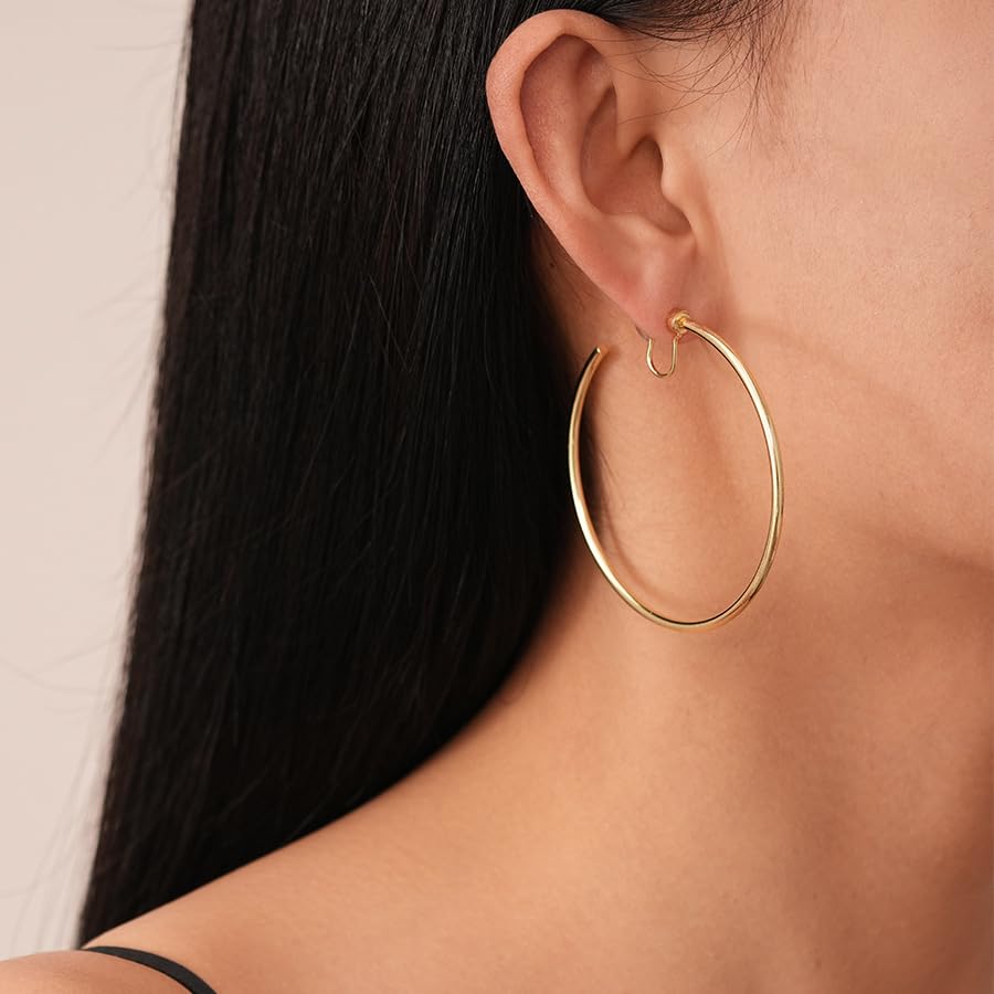 Large Gold Clip on Hoop Earrings for Women, Non Pierced Earrings with Comfortable Silicone Pads, Oversized Lightweight Thin Hoop Jewelry, Elegant Minimalist Professional Accessory, Jewelry Gift for Her