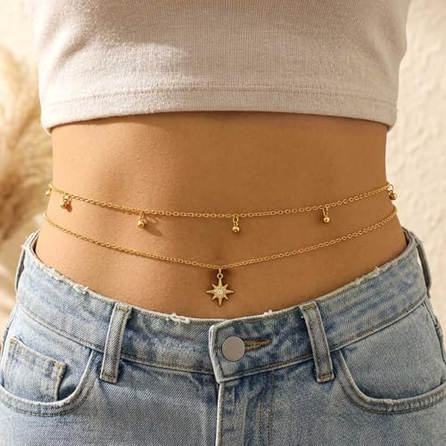 Waist Chain Silver Beads Belly Chain Gold silver Women Dainty Body Jewelry Accessories - color: gold sun - 30 + 8 in
