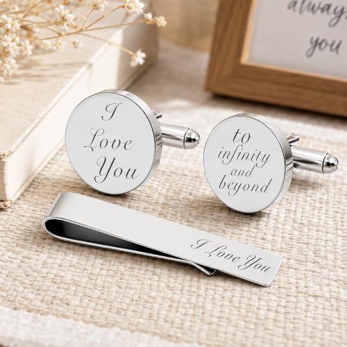 JUOOE Cufflinks for Men Tie Clip Set Cuff Links Personalized CuffLinks Gift for Groom Husband Father Boyfriend Stainless Steel Cufflinks Shirt Business Wedding Gifts - style: Silver I love you