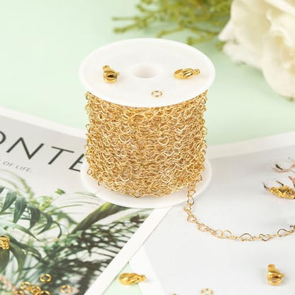UMAOKANG 5 Meters Gold Plated Stainless Steel Chain for Jewelry Making Hollow Heart Chain Roll with Jewelry Findings - color: Gold Heart