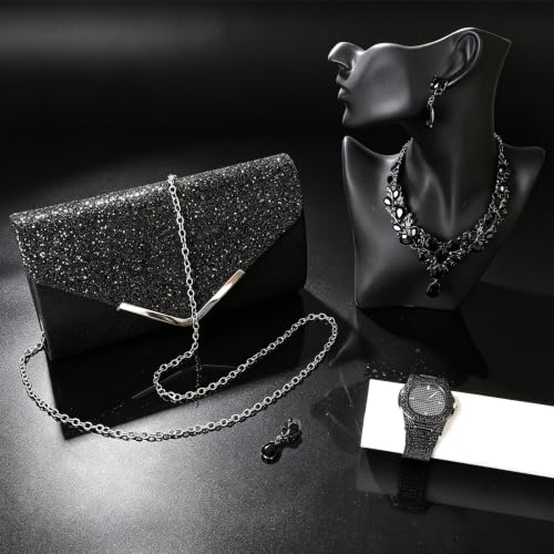 NEWITIN 5 Pieces Purse Rhinestone Jewelry Set for Women Prom Jewels Crystal Clutch Purse Watch Necklace Earrings Silver Jewelry Set for Women Bride - color: Black