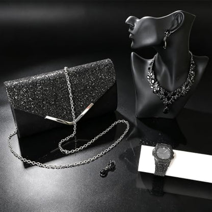 NEWITIN 5 Pieces Purse Rhinestone Jewelry Set for Women Prom Jewels Crystal Clutch Purse Watch Necklace Earrings Silver Jewelry Set for Women Bride - color: Black