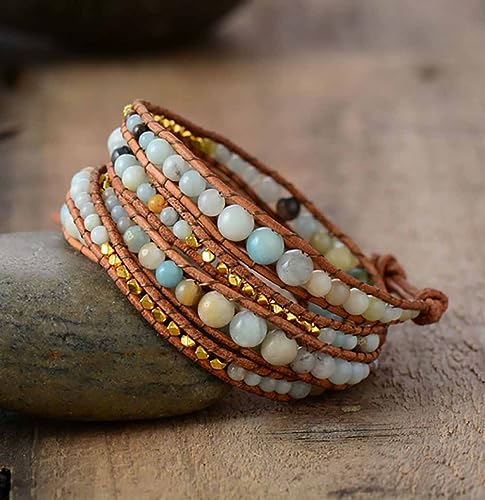 Boho Wrap Bead Bracelet for Women - Handmade Adjustable Natural Stone Beaded Bracelets Yoga Healing Bracelet Bangle Hippie Jewelry - color: Amazonite #2