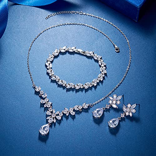 EleQueen Women's Wedding Bridal Jewelry Set for Brides Bridesmaids, Silver/14K Gold/Rose Gold Plated Cubic Zirconia Teardrop Necklace Dangle Earrings Bracelet Sets for Party Prom - color: 01-Silver-Necklace+Earrings+Bracelet