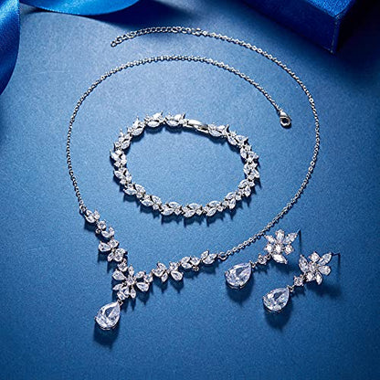 EleQueen Women's Wedding Bridal Jewelry Set for Brides Bridesmaids, Silver/14K Gold/Rose Gold Plated Cubic Zirconia Teardrop Necklace Dangle Earrings Bracelet Sets for Party Prom - color: 01-Silver-Necklace+Earrings+Bracelet