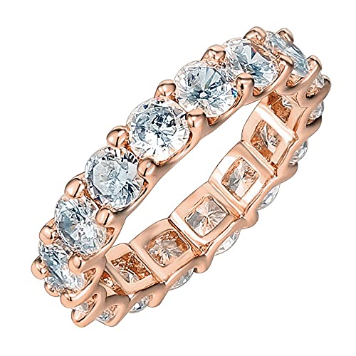 PAVOI 14K Gold Plated Eternity Ring for Women, Statement Eternity Band | Round Cubic Zirconia - Stackable Wedding Band - Love Engagement Trendy Bridal Jewelry - color: Rose Gold
