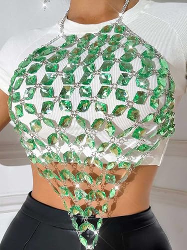 Aukmla Crystal Bra Body Chain Top Silver Rhinestones Halter Crop Tops Beach Bikini Chest Chains Body Jewelry for Women - style: Green
