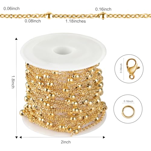 Kyutong Necklace Chains for Jewelry Making Beaded Chain Roll | 16.4 Feet Gold Plated Stainless Steel Jewelry Chains Bulk with Lobster Clasps Jump Rings for Bracelet Ankle Making - color: Gold-6