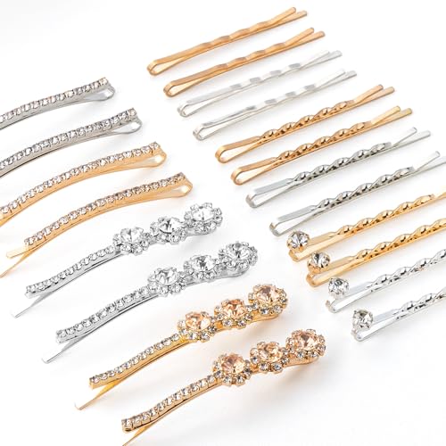 20 PCS Decorative Bobby Pins for Women's Hair, Rhinestone Bobby Pins with 5 Elegant Designs (Glod & Silver), Jeweled Hair Pins Decorative Hair Accessories for Women