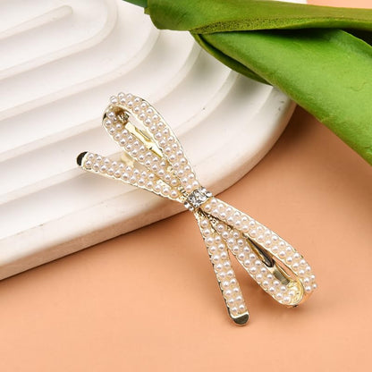 French Bow Crystal Rhinestone Bow-knot Pearl Hair Clips Barrette Hair Pin Hairpin Gold Pearl Accessories for Women Girls Bridal Wedding Prom - color: Pearl