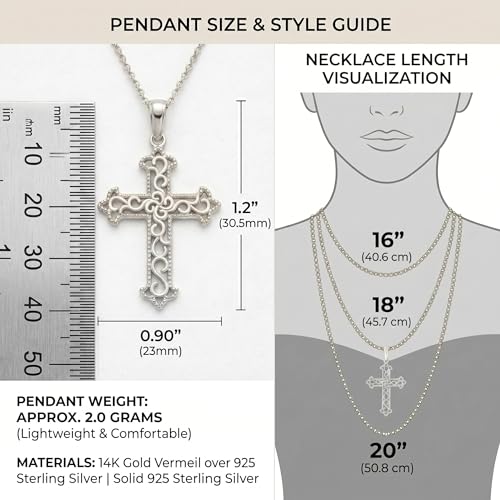 Takar 14K Gold Vermeil and 925 Sterling Silver Filigree Cross Pendant Necklace for Women, Open Work Christian Jewelry, Optional Rolo Chain - color: 925 Sterling Silver
