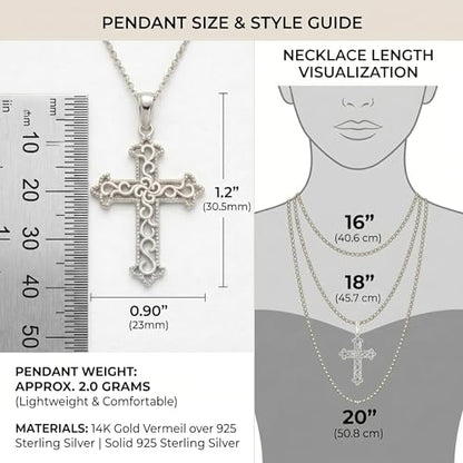 Takar 14K Gold Vermeil and 925 Sterling Silver Filigree Cross Pendant Necklace for Women, Open Work Christian Jewelry, Optional Rolo Chain - color: 925 Sterling Silver