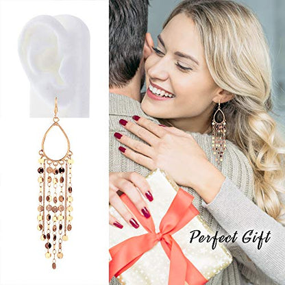 Bohemian Boho Tassel Dangle Drop Earrings for Women – Lightweight Filigree Gypsy Coin Chandelier Disc Charm Hoops – included Gift Box - style: Teardrop - Rose Gold