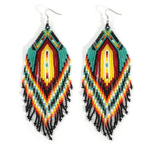 Bohemian Tassel Colorful Beaded Earrings For Women Trendy, Long Fringe Feather Drop Jewelry Handmade Gifts. - color: color8