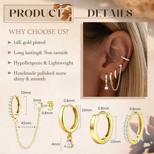 4 Pairs Small Hoop Earrings for Women 14K Gold Plated | Trendy Chain Drop Earrings Set, Hypoallergenic CZ Huggie Hoops, Lightweight Cartilage Earring Stacks - color: 14K Gold Plated-dangle hoop