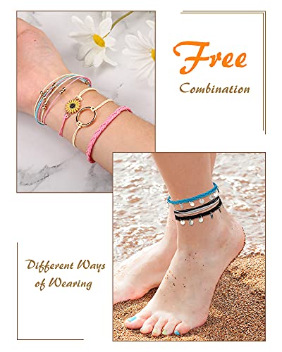 Hicarer 21 PC Surfer Wave Friendship Bracelet Set Waterproof Adjustable Boho Beach String Anklets Bulk, Summer Gift for Women - style: Minimal