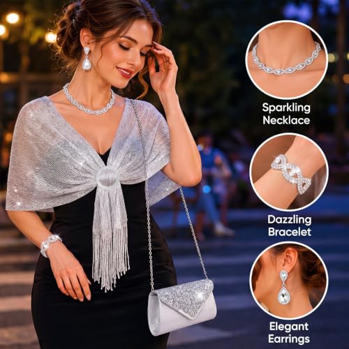 Tiamon 5 Pcs Rhinestone Jewelry Sets Shawls and Wraps Formal Clutch Purses for Women Evening Dresses Weddings Engagement - style: Glitter, Elegant