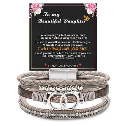 Bracelets for Women, Gifts for Mom Her Christmas Gift 2026 Leather Bracelets for Women Birthday Gift for Daughter Inspirational Wrap Bracelet Sister Friend Teen Girl Gift Layered Stocking Stuffers Jewelry - style: 1 To Daughter - Grey