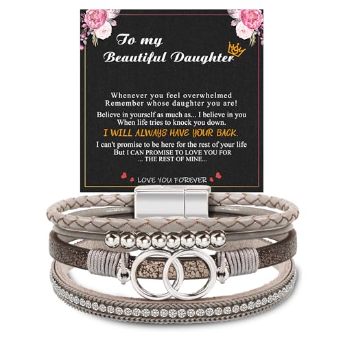 Bracelets for Women, Gifts for Mom Her Christmas Gift 2026 Leather Bracelets for Women Birthday Gift for Daughter Inspirational Wrap Bracelet Sister Friend Teen Girl Gift Layered Stocking Stuffers Jewelry - style: 1 To Daughter - Grey