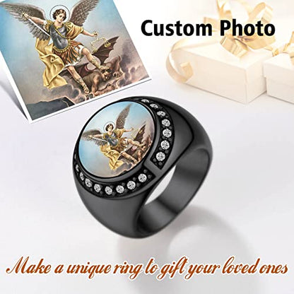 FindChic Customized Signet Photo Rings Square/Heart/Round Chunky Band Ring Stainless Steel/18K Gold Plated/Black Size 7 to 14 Personalized Jewelry for Men Women, Send Gift Box - color: 02. round (black)