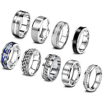 EIELO 9Pcs Stainless Steel Band Rings for Men Women Cool Fidget Spinning Chain Ring Anxiety Relief Fashion Simple Wedding Engagement Black Ring Set - color: Silvery