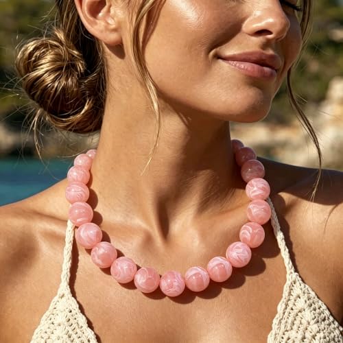 Chunky Necklaces for Women Trendy 20MM Large Resin Beaded Necklace Bold Statement Chunky Choker Necklace Boho Beads Summer Beach Jewelry - color: Pink