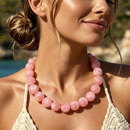 Chunky Necklaces for Women Trendy 20MM Large Resin Beaded Necklace Bold Statement Chunky Choker Necklace Boho Beads Summer Beach Jewelry - color: Pink