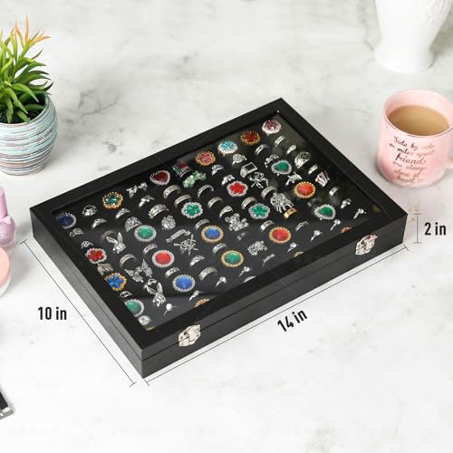 Pangkeep Ring Organizer Display Case,Black Jewelry Storage Tray Boxes for Multiple Rings,Glass Lid,Stackable. (100 Slots) - size: 100 Slots
