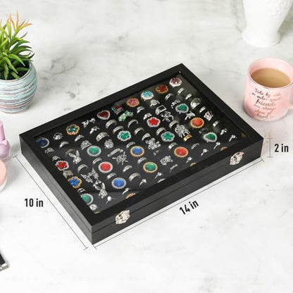 Pangkeep Ring Organizer Display Case,Black Jewelry Storage Tray Boxes for Multiple Rings,Glass Lid,Stackable. (100 Slots) - size: 100 Slots
