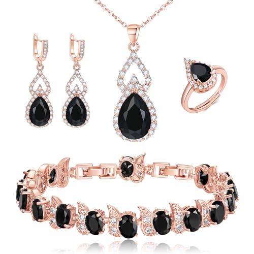 Wedding Jewelry Set for Women Bride Bridesmaid | Gorgeous Cubic Zirconia Teardrop Necklace Earrings Bracelet Adjustable Ring Jewelry Gift for Birthday/Anniversary - color: 13-Black Rose-Gold-Tone