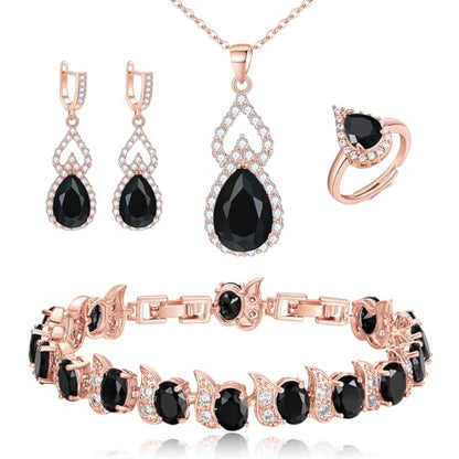 Wedding Jewelry Set for Women Bride Bridesmaid | Gorgeous Cubic Zirconia Teardrop Necklace Earrings Bracelet Adjustable Ring Jewelry Gift for Birthday/Anniversary - color: 13-Black Rose-Gold-Tone