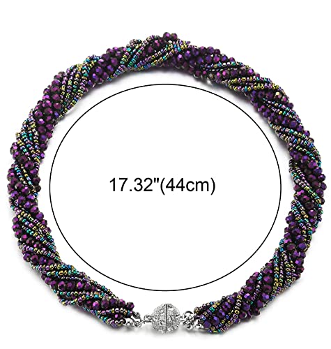 COOLSTEELANDBEYOND Multi-Layer Beads Crystal Braided Chain Choker Collar Magnetic Clasp,Statement Necklace, Bracelet - color: S-Necklace Dark Purple Color