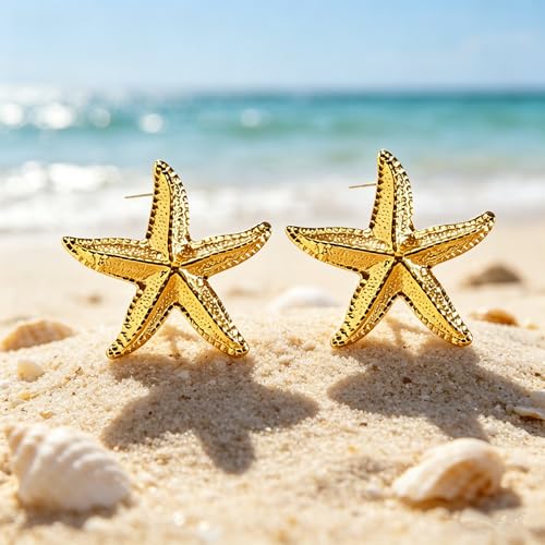 Gold Statement Earrings For Women, 14K Gold Plated Textured Geometric Drop Earrings - Hypoallergenic Stainless Steel Statement Earrings for Women, Waterproof Fan-Shaped Dangle Earrings for Beach & Daily Wear - color: Starfish DKE252012GL