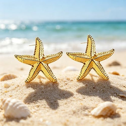 Gold Statement Earrings For Women, 14K Gold Plated Textured Geometric Drop Earrings - Hypoallergenic Stainless Steel Statement Earrings for Women, Waterproof Fan-Shaped Dangle Earrings for Beach & Daily Wear - color: Starfish DKE252012GL