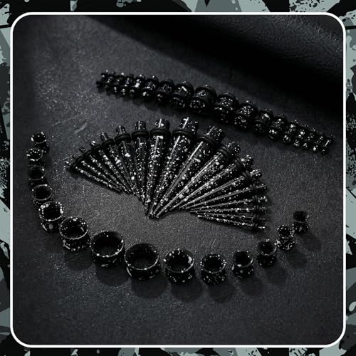 JieyueJewelry 50/54 Pcs Ear Stretching Kit 14G-00G | Acrylic Tapers & Plugs with Silicone Tunnels, Ear Gauges Expander Set Body Piercing Jewelry for Women and Men - color: Black & White Splatter