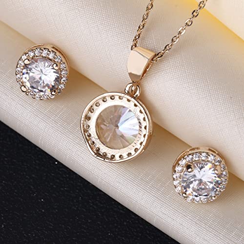 AMYJANE Halo Crystal Jewelry Set - Sterling Silver Round Cubic Zirconia Crystal Bridal Pendant Necklace Earrings Set for Wedding Bride Bridesmaids - color: Clear-Gold