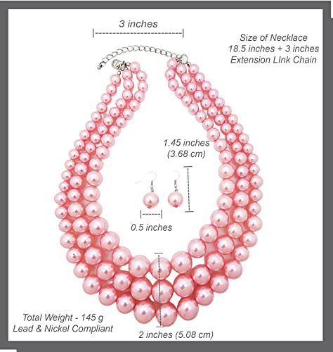 Fashion 21 Women's Faux Pearl Three Multi-Strand Statement Necklace and Earrings Set - color: Pink
