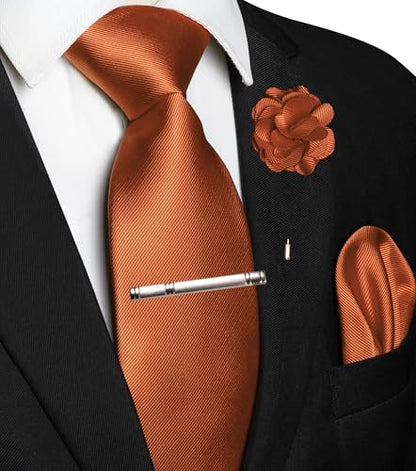 JEMYGINS Formal Necktie Solid Color Tie and Pocket Square with Tie Clip Lapel Pin Sets for Men 4PCS - color: Rust