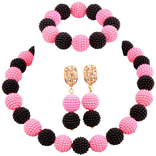 Nigerian Wedding African Beads Jewelry Set Women Simulated Pearl Necklace and Earrings - color: Black-Peach