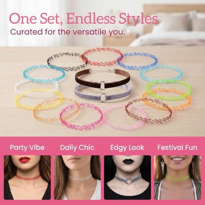 PAGOW Tattoo Choker Set, Stretchy 90s Choker Necklace, Adjustable Retro Y2K Gothic Grunge Chokers Jewelry Accessories - color: 14 Colors,14 Pcs
