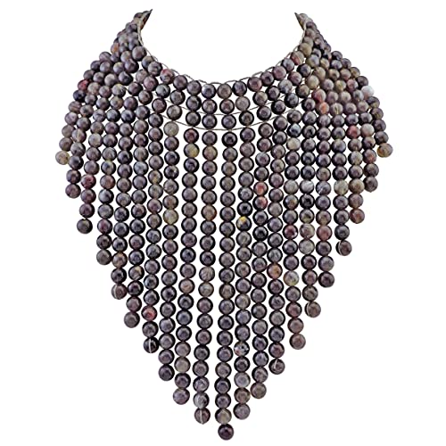 Coiris Boho African Wooden or Acrylic Beaded Bib Statement Necklace Strands Layered Cluster Chunky Collar Choker Wood Necklace for Women Fashion Costume Jewelry - color: Dark Purple Grey