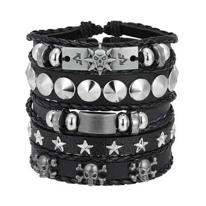 Braided Faux Leather Bracelet Punk Cuff Wrap Bracelets for Men Women Skull,Star,Bull bracelets - color: A3:5PCS